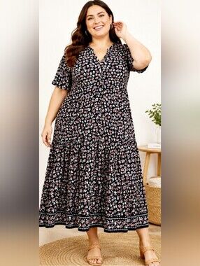 Max Studio Black Floral Maxi Dress with Pink and White Accents